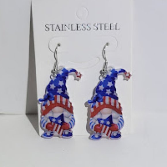 STAINLESS STEEL PATRIOTIC GNOME EARRINGS W/SILVER COLOR HOOKS - Picture 1 of 3